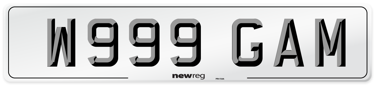 W999 GAM Number Plate from New Reg